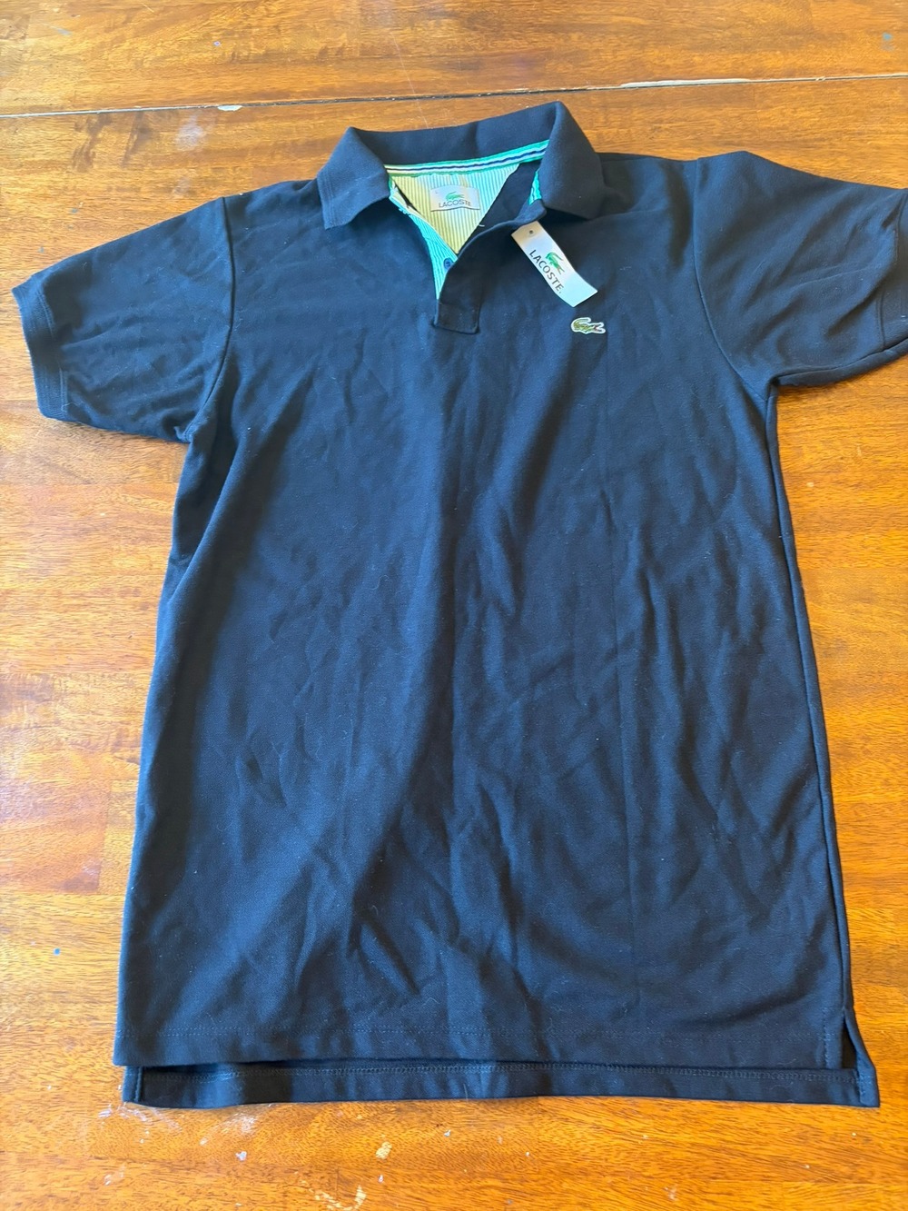 NWT Lacoste Men's L Black Polo Shirt Pique Cotton Croc Logo Striped Placket